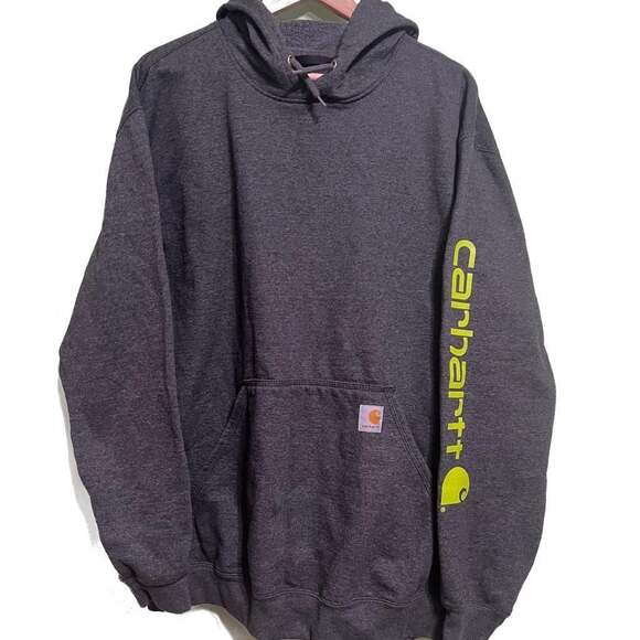 Carhartt Loose Fit Gray Hoodie with Green/Yellow Sleeve Logo - Picture 1 of 3